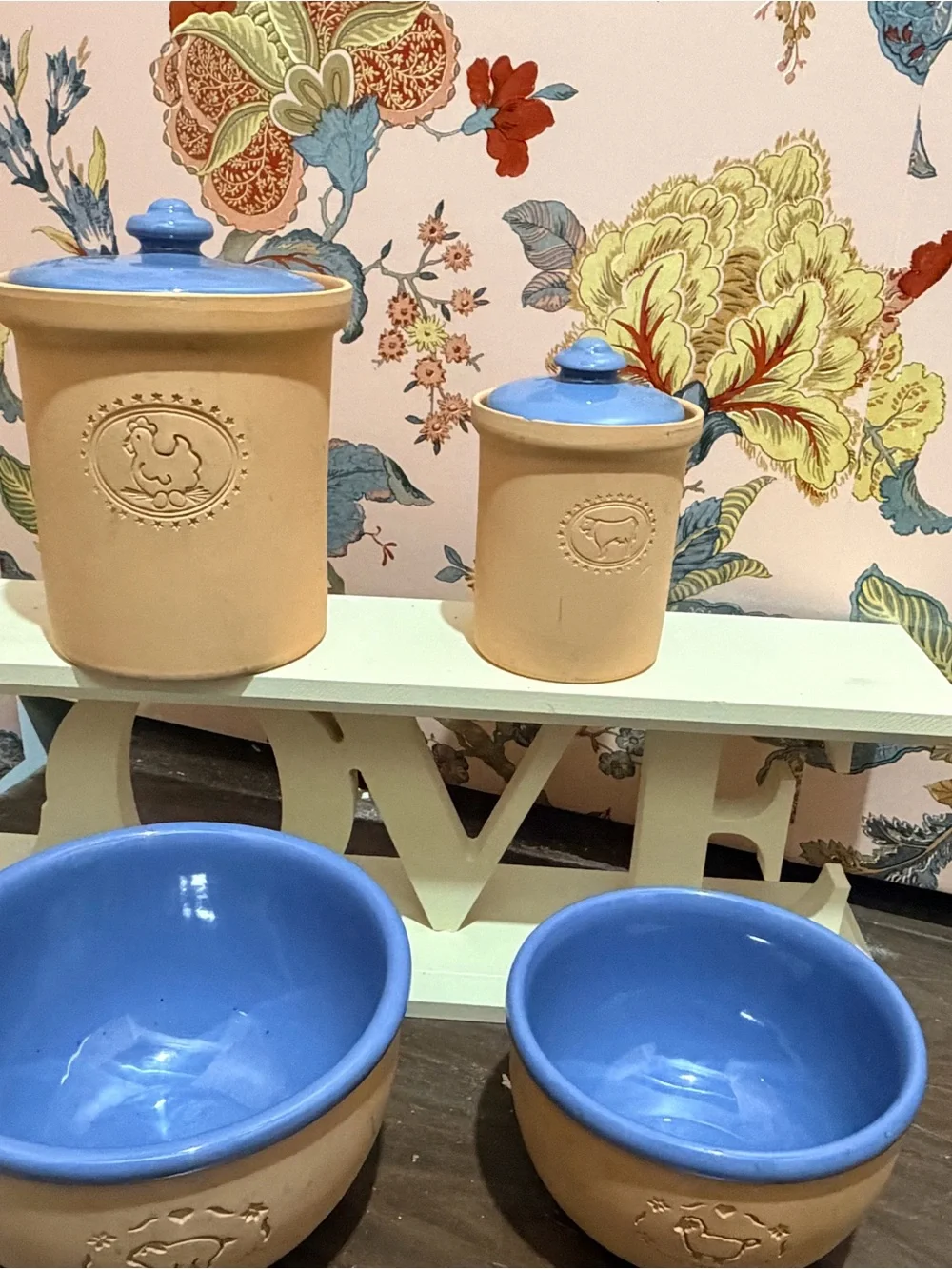 Blue-Trim Ceramic Canisters & Bowls Set